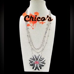 Chico’s Statement Flower Necklace, Glitter Enamel Pendant Red Black Rhinestones
